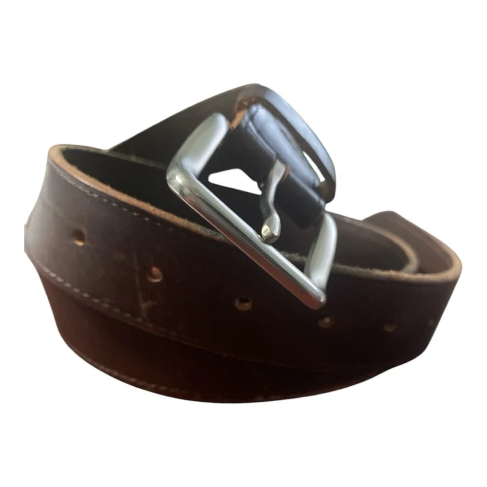 Tommy Hilfiger Brown Leather Belt Silver Buckle Minimalist Unisex 30–32 Classic